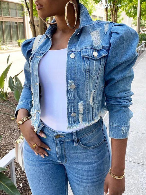 Denim jacket with outlet puffy sleeves