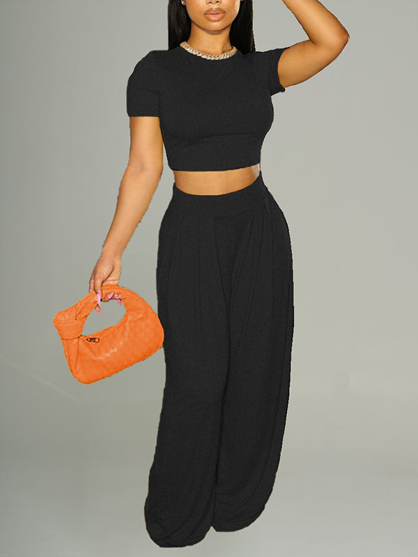 Solid Tee & Wide-Leg Pants Set