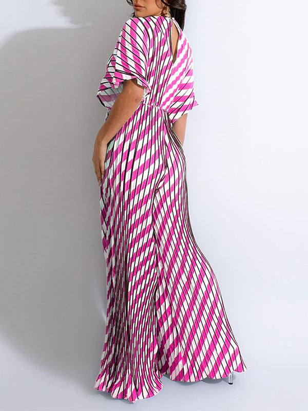 Printed V-Neck Pleated Wide-Leg Jumpsuit