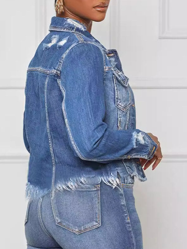 Distressed Button-Front Denim Jacket