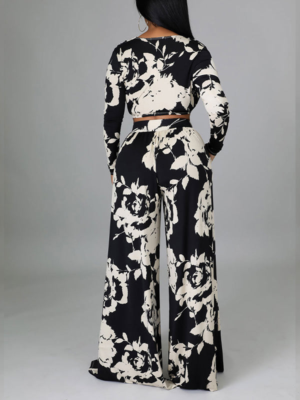 Printed V-Neck Top & Wide-Leg Pants Set