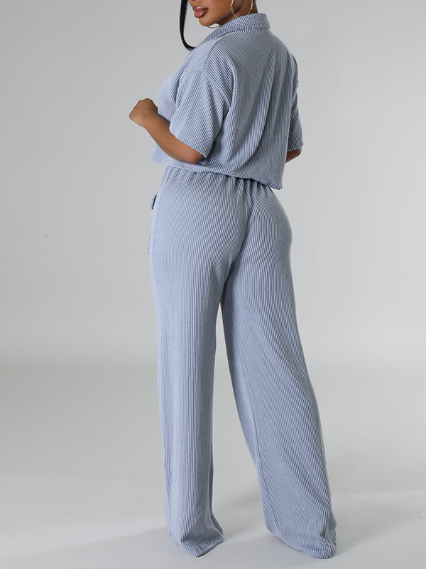 Solid Shirt & Wide-Leg Pants Set