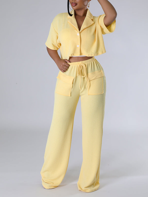 Solid Shirt & Wide-Leg Pants Set