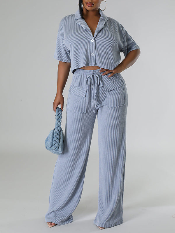 Solid Shirt & Wide-Leg Pants Set