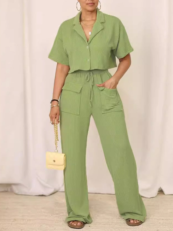 Solid Shirt & Wide-Leg Pants Set