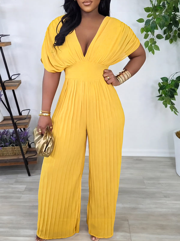 V-Neck Pleated Jumpsuit