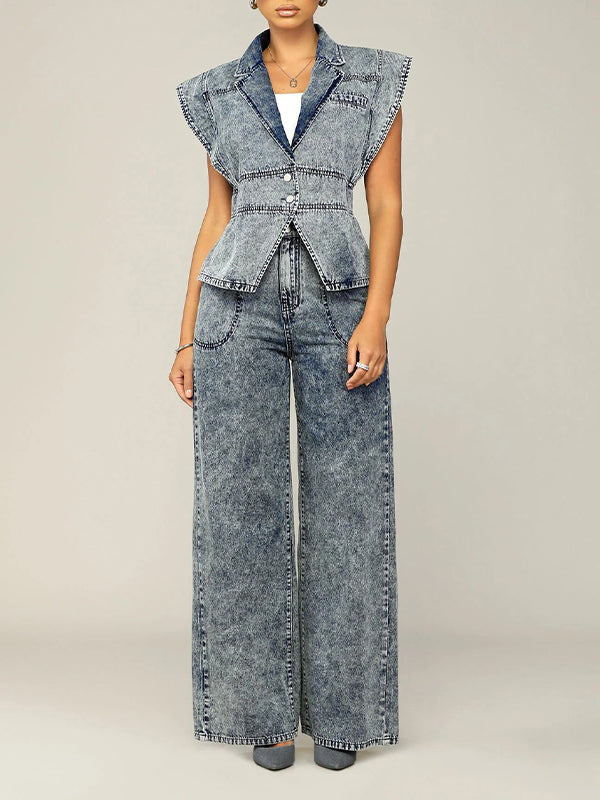 Denim Vest & Wide-Leg Pants Set