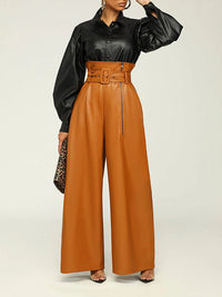 Faux-Leather Wide-Leg Belted Pants