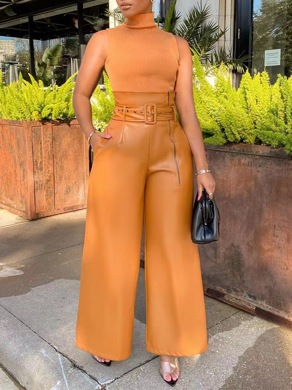 Faux-Leather Wide-Leg Belted Pants