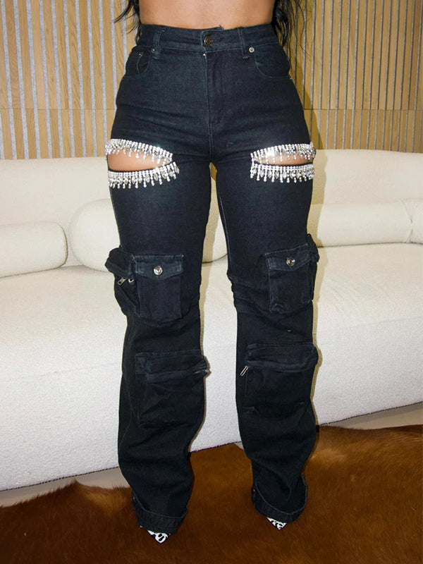 Studded Cutout Cargo Jeans