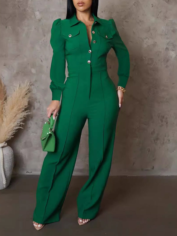 Solid Button-Front Jumpsuit