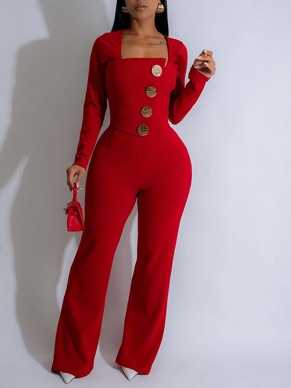 Solid Button Jumpsuit