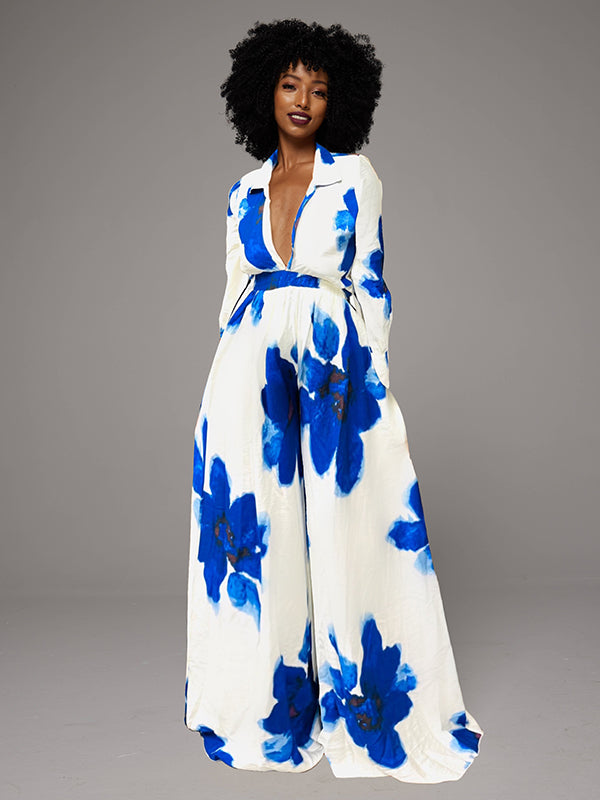 Printed Button-Front Shirt & Wide Leg Pants Set