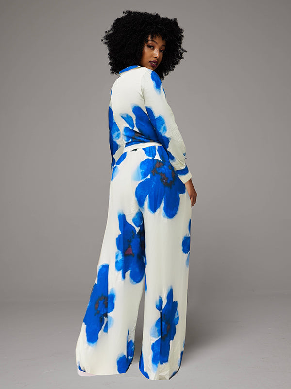 Printed Button-Front Shirt & Wide Leg Pants Set