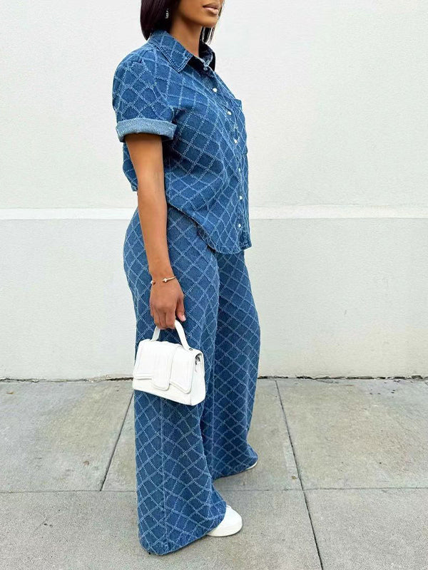 Denim Shirt & Wide-Leg Pants Set