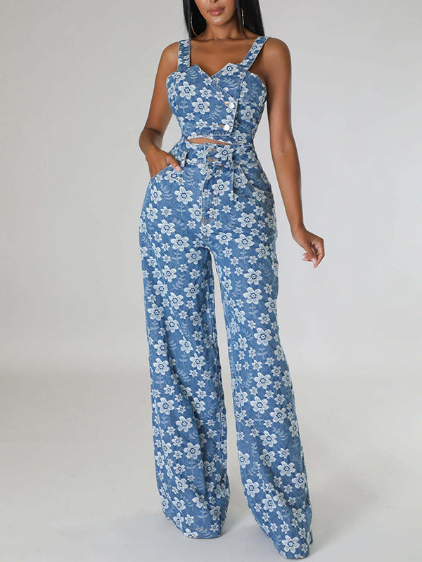 Printed Denim Tank Top & Wide-Leg Pants Set