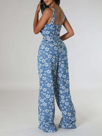 Printed Denim Tank Top & Wide-Leg Pants Set