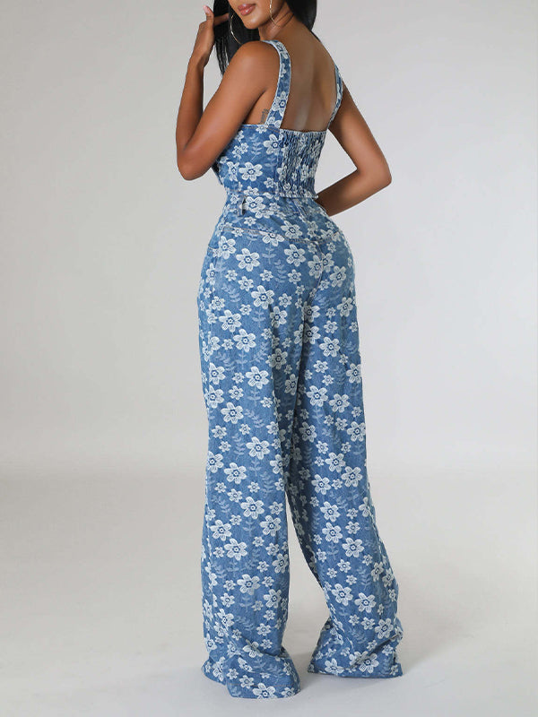 Printed Denim Tank Top & Wide-Leg Pants Set