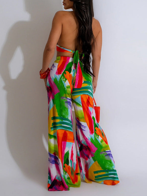 Printed Halter Top & Wide-Leg Pants Set