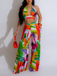 Printed Halter Top & Wide-Leg Pants Set